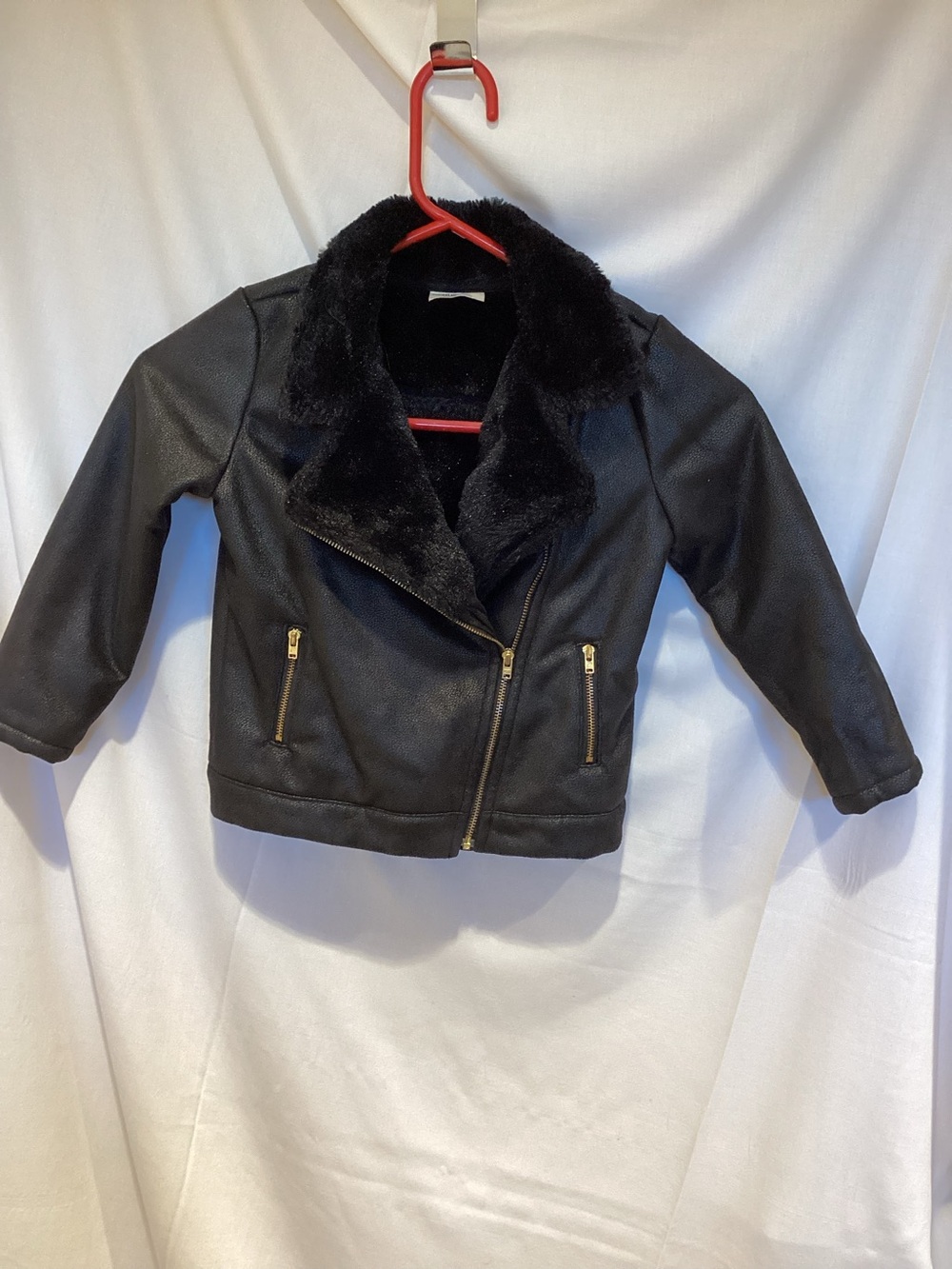Kids Black Faux Leather Jacket with Faux Fur Collar